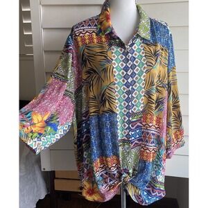 Cynthia Rowley 3X Floral Patchwork Blouse  Button Up Top Romantic Boho Artsy New